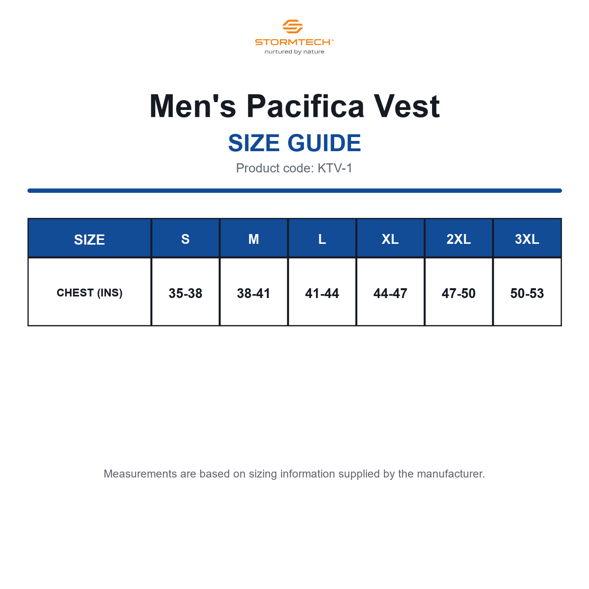KTV-1 Stormtech Men's Pacifica Vest size guide (KTV-1)
