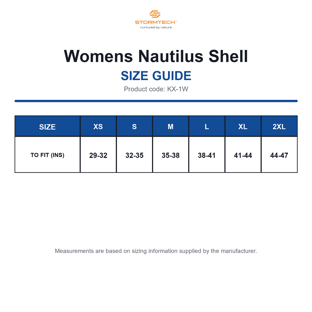 KX-1W Stormtech Womens Nautilus Shell size guide (KX-1W)