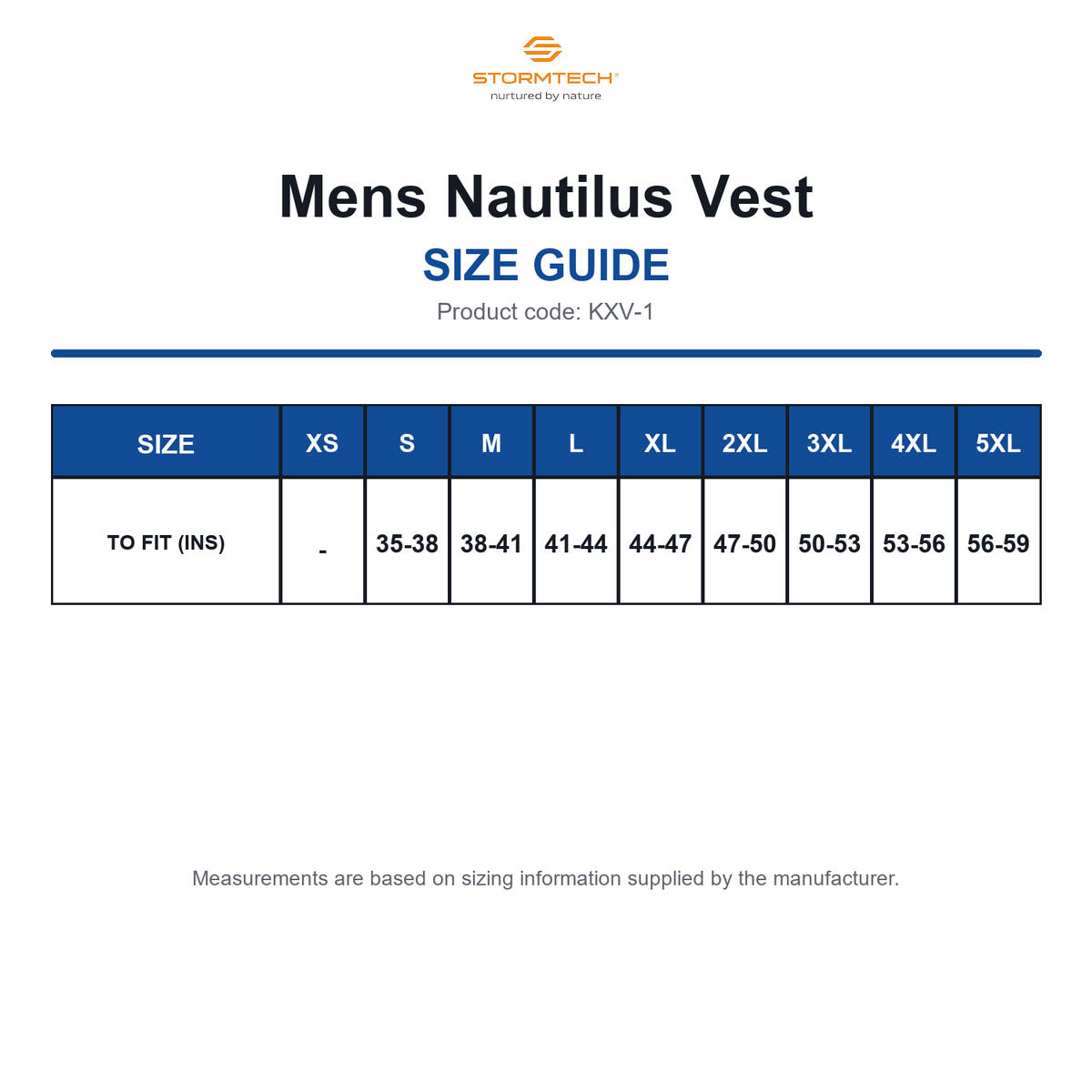 KXV-1 Stormtech Mens Nautilus Vest size guide (KXV-1)