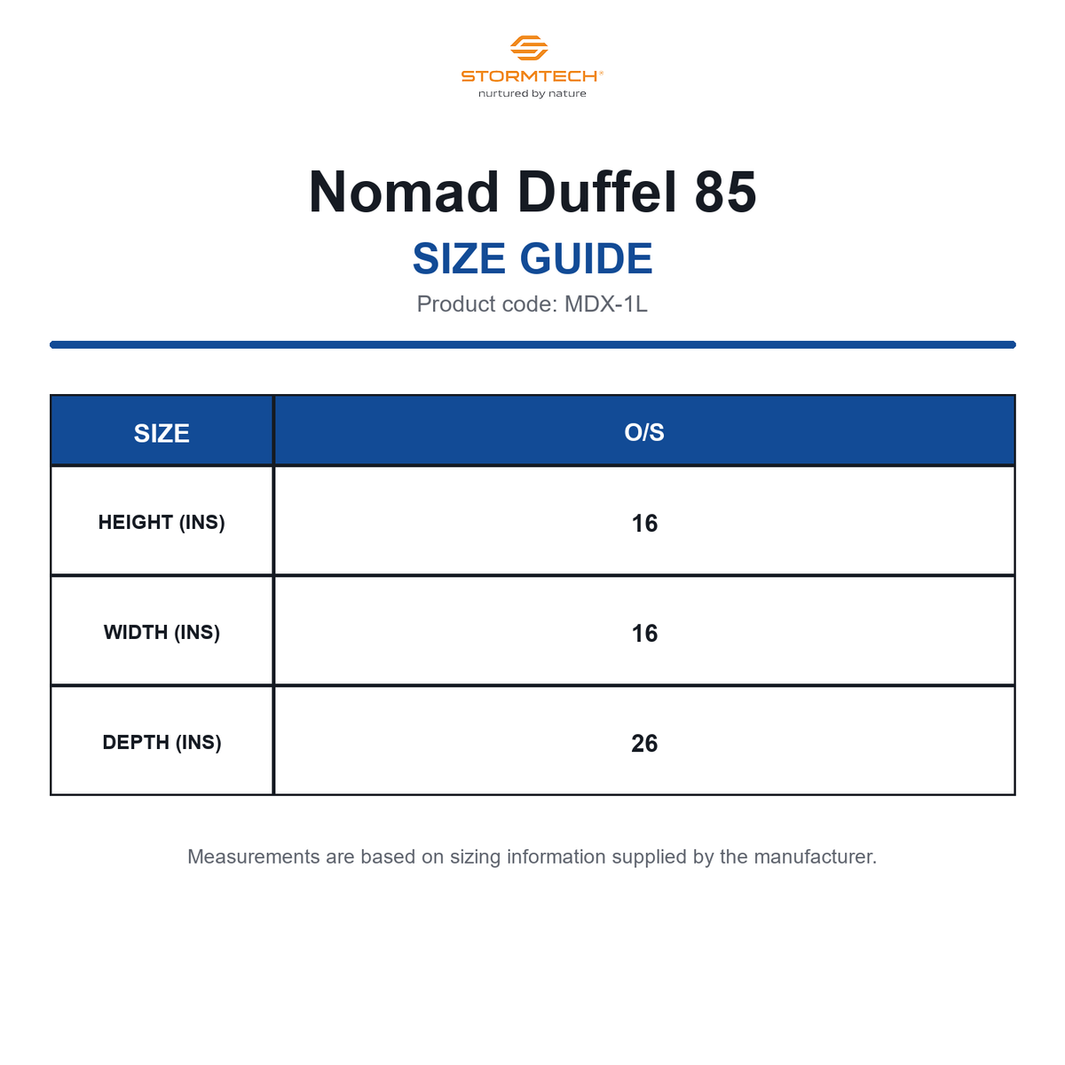 MDX-1L Stormtech Nomad Duffel 85 size guide (MDX-1L)