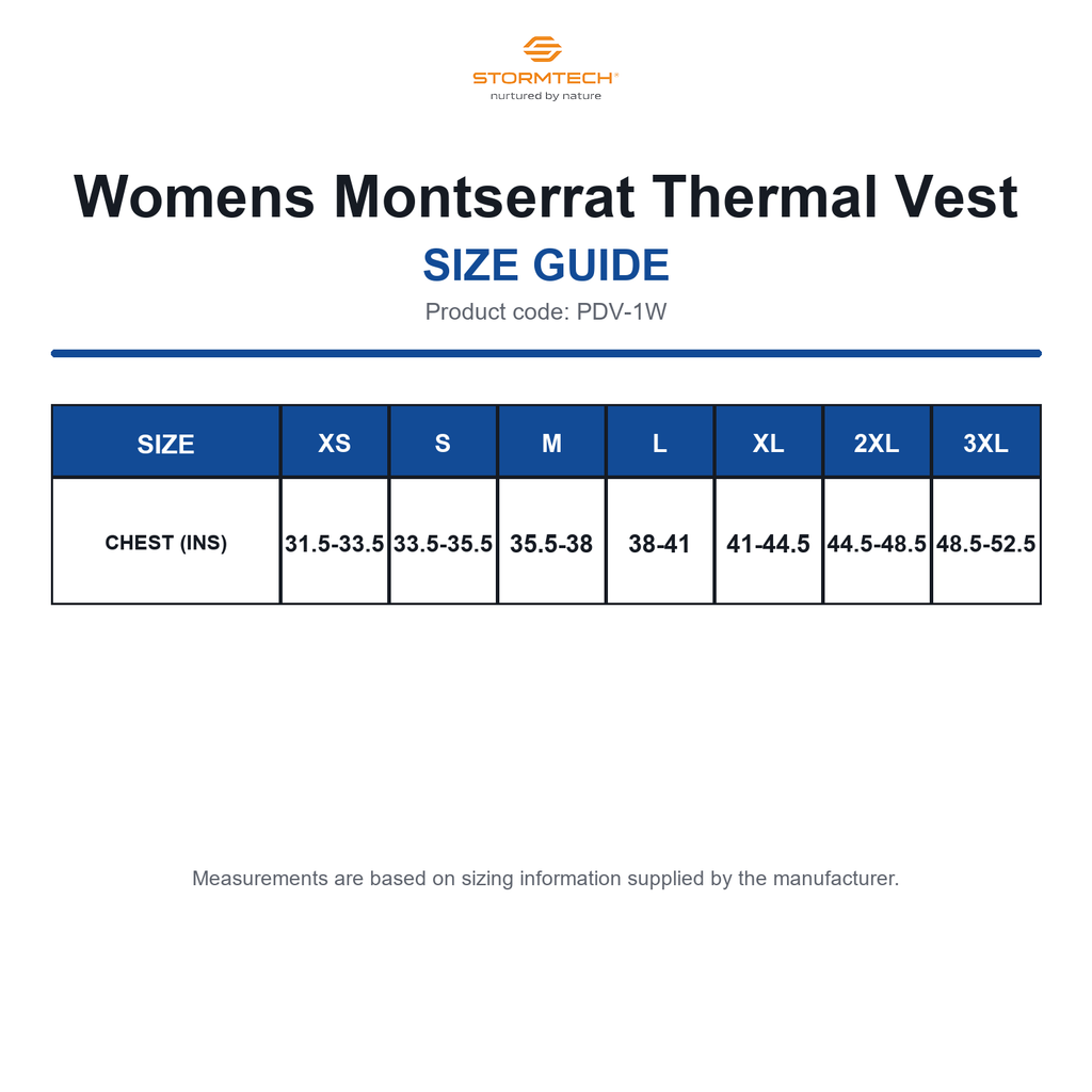 PDV-1W Stormtech Womens Montserrat Thermal Vest size guide (PDV-1W)