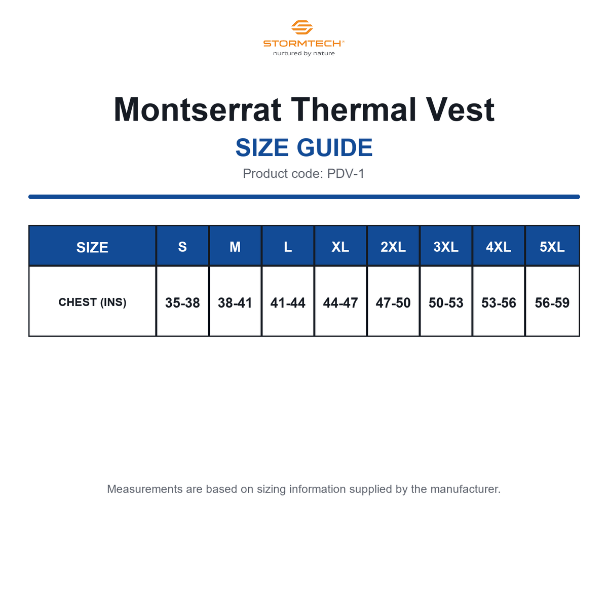 PDV-1 Stormtech Montserrat Thermal Vest size guide (PDV-1)