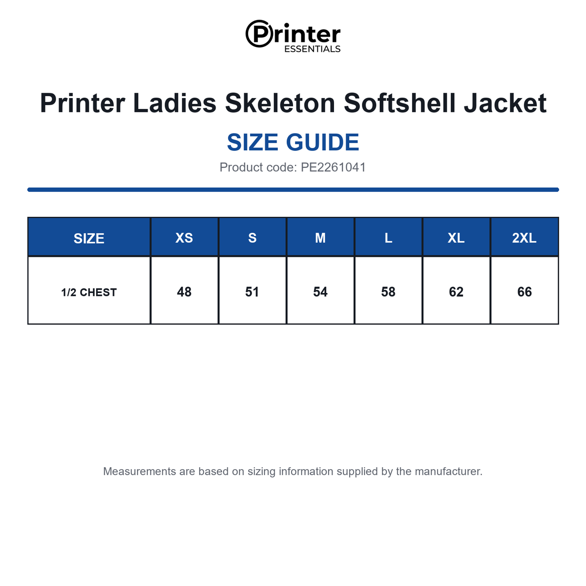 PE2261041 Printer Ladies Skeleton Softshell Jacket size guide (PE2261041)