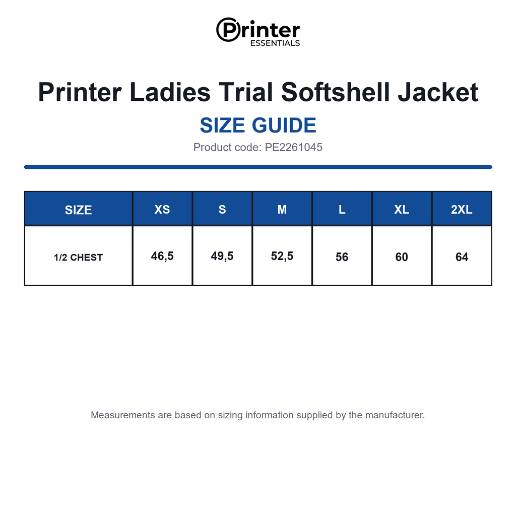 PE2261045 Printer Ladies Trial Softshell Jacket size guide (PE2261045)