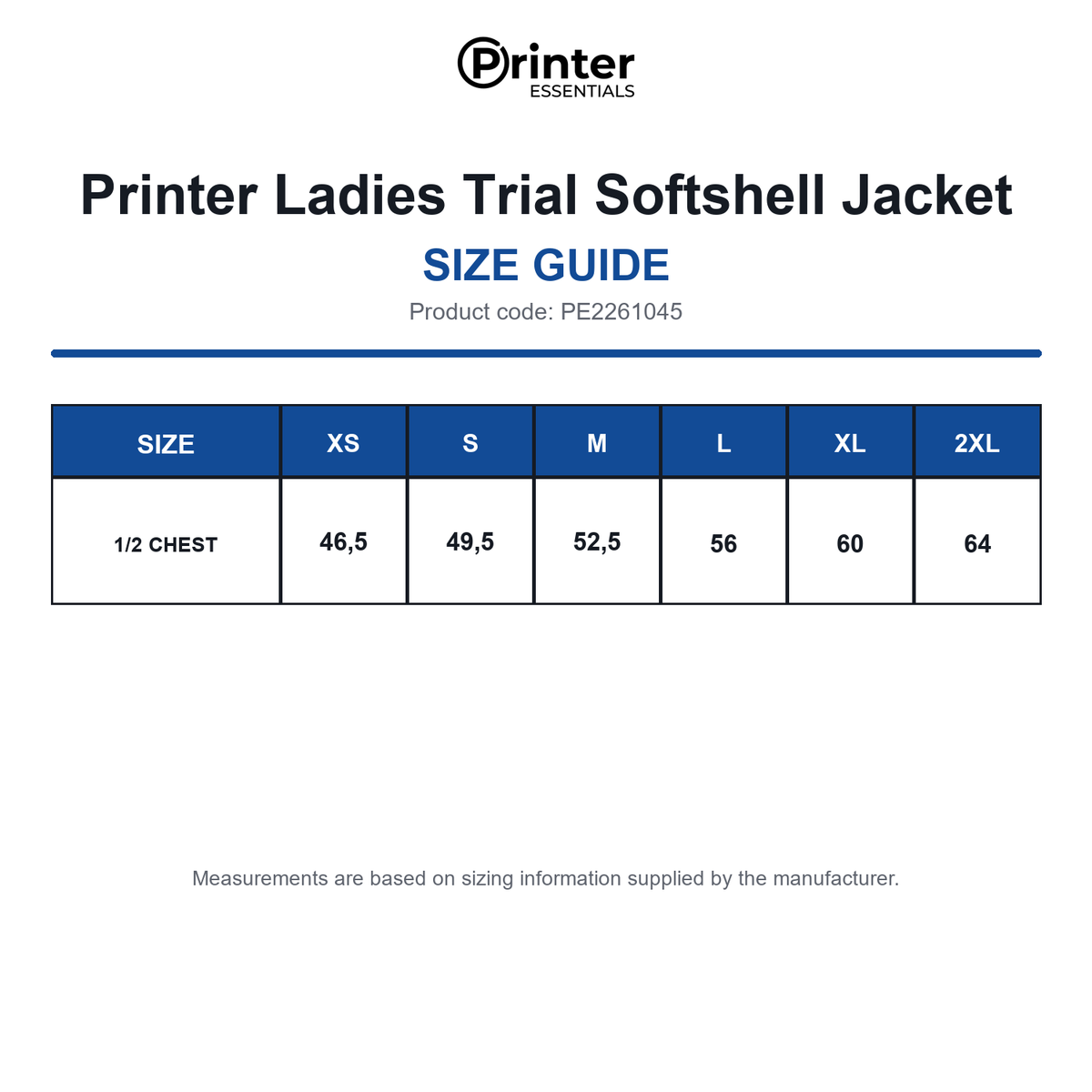 PE2261045 Printer Ladies Trial Softshell Jacket size guide (PE2261045)