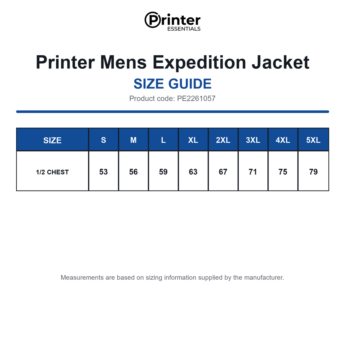 PE2261057 Printer Mens Expedition Jacket size guide (PE2261057)