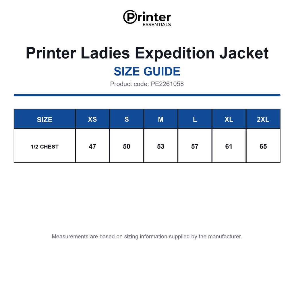 PE2261058 Printer Ladies Expedition Jacket size guide (PE2261058)