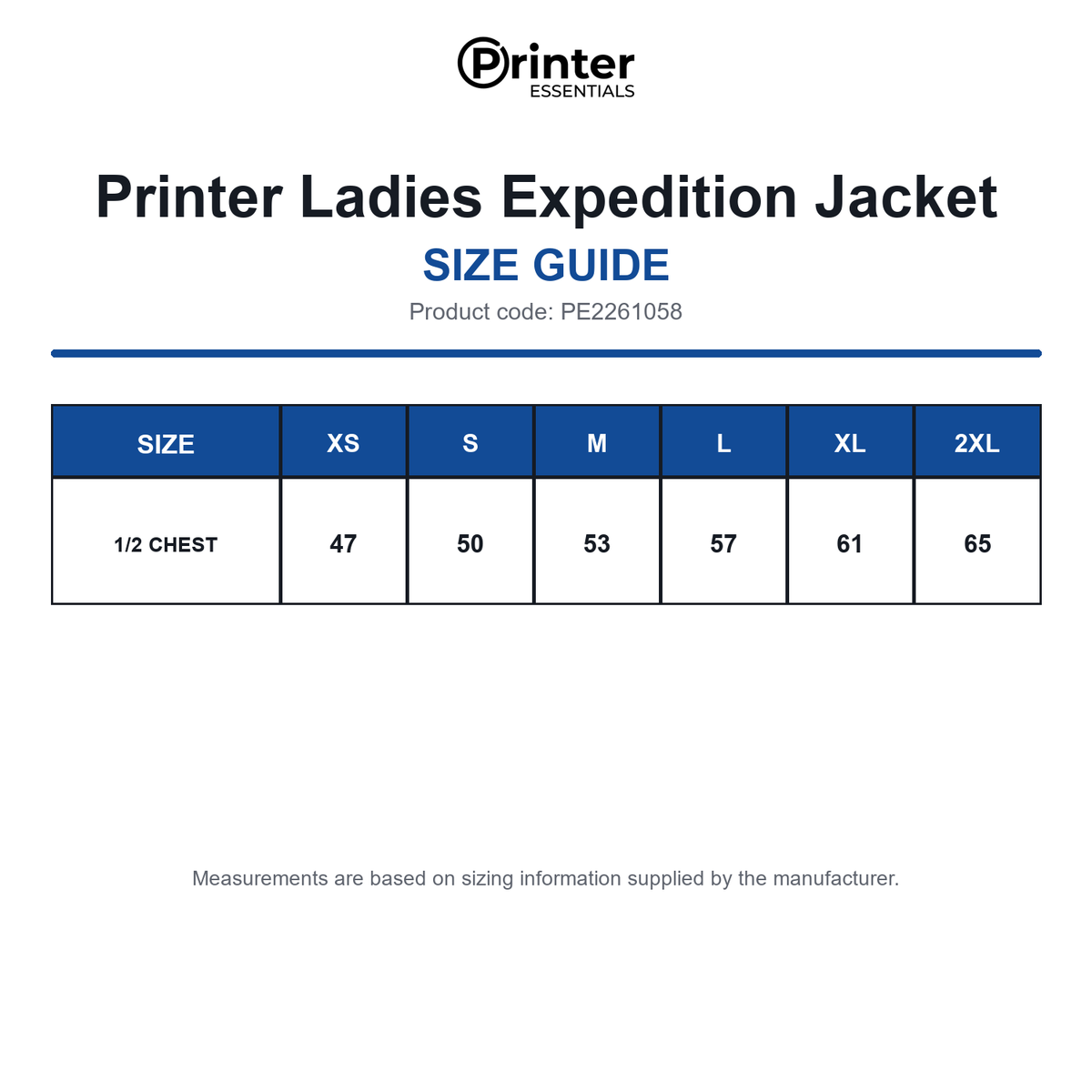 PE2261058 Printer Ladies Expedition Jacket size guide (PE2261058)