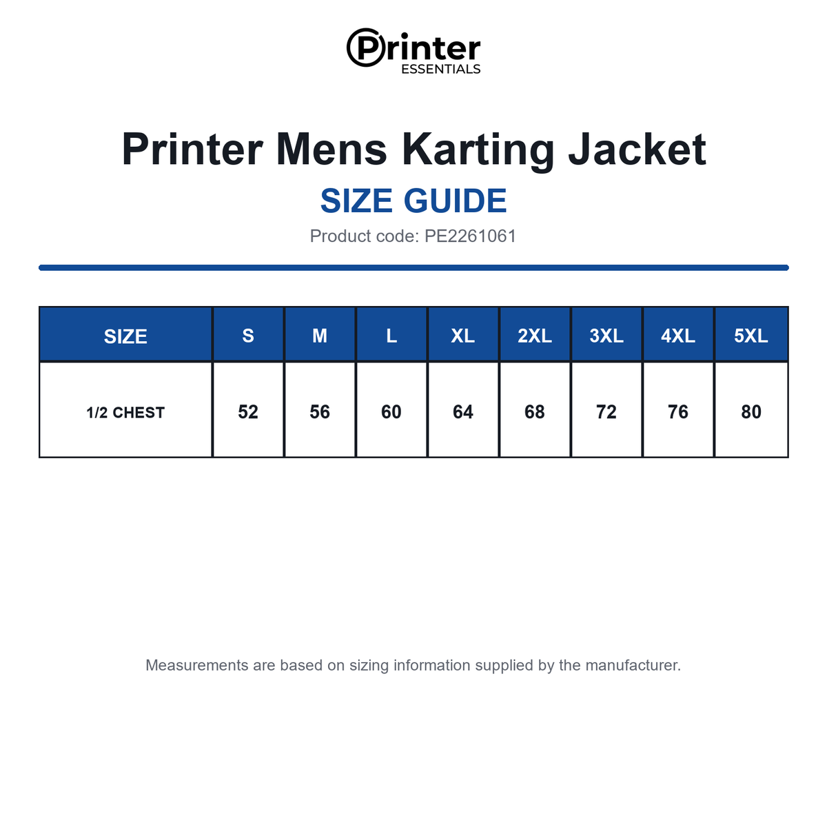 PE2261061 Printer Mens Karting Jacket size guide (PE2261061)