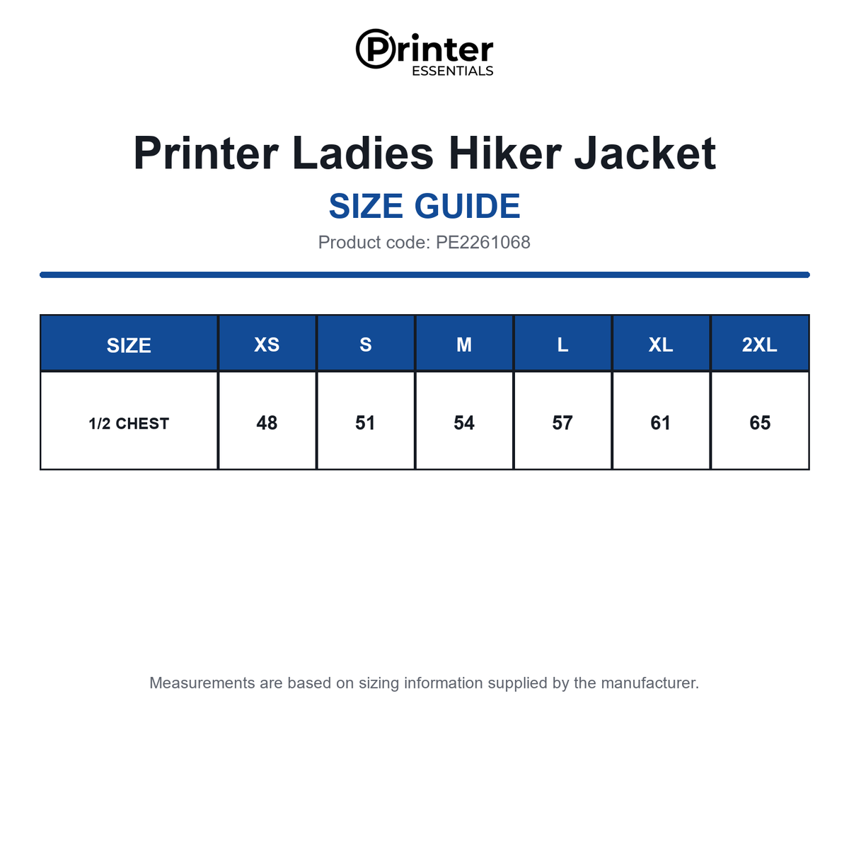 PE2261068 Printer Ladies Hiker Jacket size guide (PE2261068)