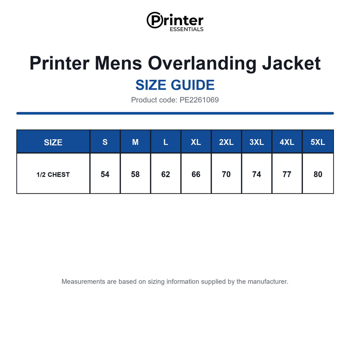 PE2261069 Printer Mens Overlanding Jacket size guide (PE2261069)
