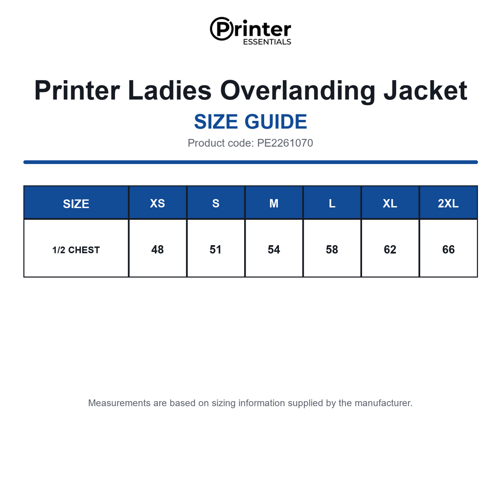 PE2261070 Printer Ladies Overlanding Jacket size guide (PE2261070)