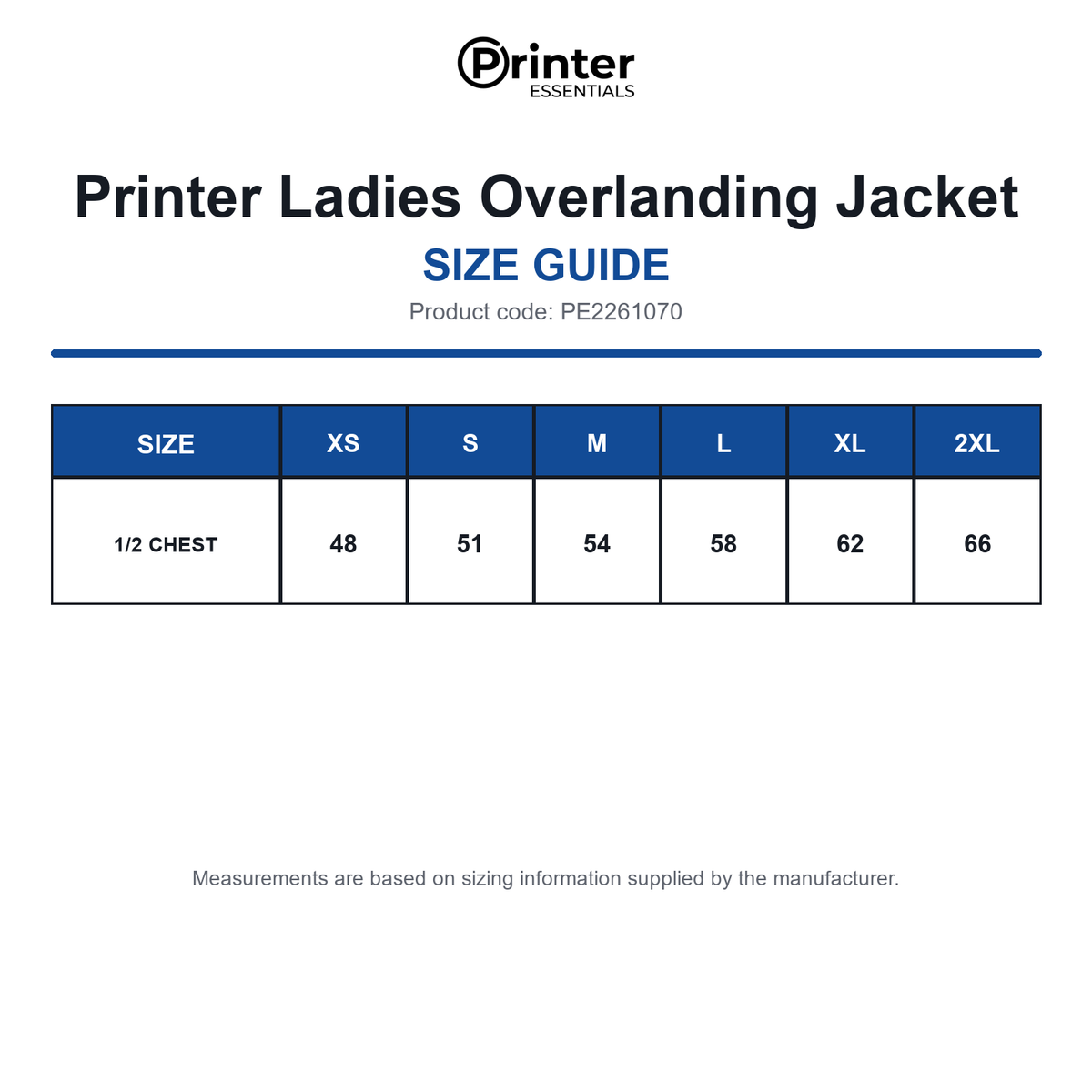 PE2261070 Printer Ladies Overlanding Jacket size guide (PE2261070)