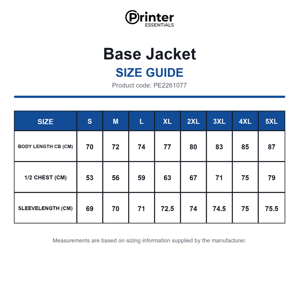 PE2261077 Printer Essentials Base Jacket size guide (PE2261077)