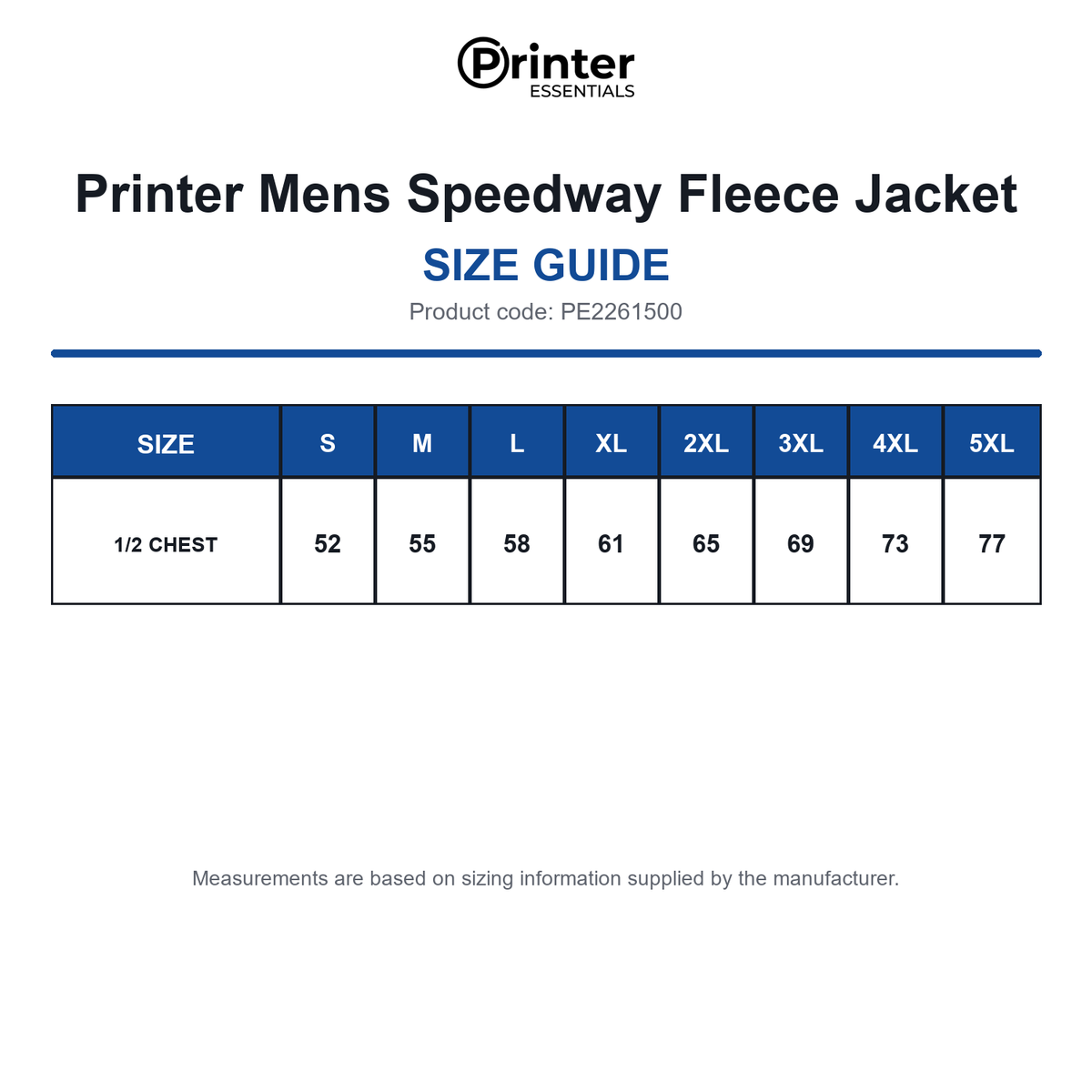 PE2261500 Printer Mens Speedway Fleece Jacket size guide (PE2261500)