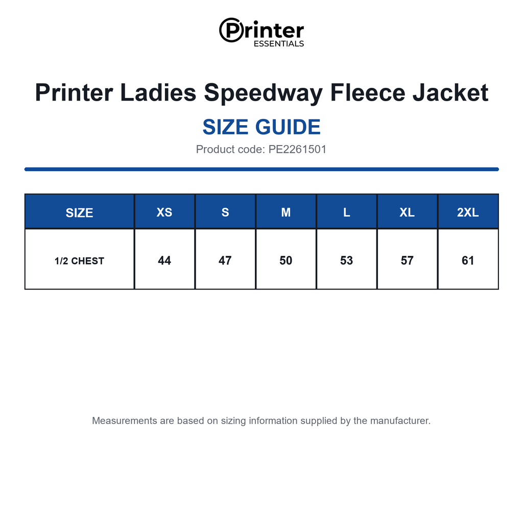PE2261501 Printer Ladies Speedway Fleece Jacket size guide (PE2261501)