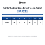PE2261501 Printer Ladies Speedway Fleece Jacket size guide (PE2261501)