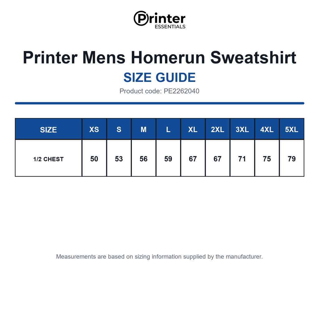 PE2262040 Printer Mens Homerun Sweatshirt size guide (PE2262040)