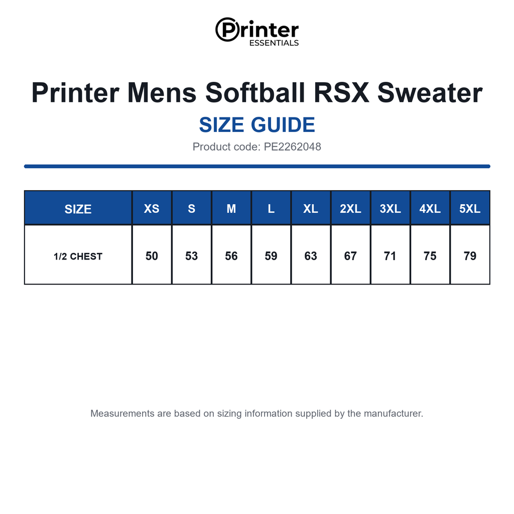 PE2262048 Printer Mens Softball RSX Sweater size guide (PE2262048)