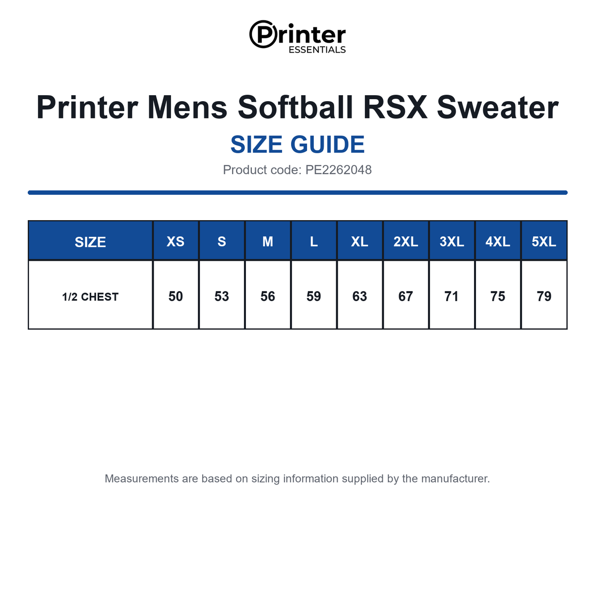 PE2262048 Printer Mens Softball RSX Sweater size guide (PE2262048)
