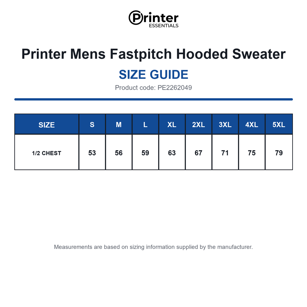 PE2262049 Printer Mens Fastpitch Hooded Sweater size guide (PE2262049)