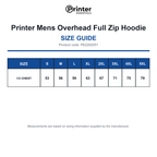 PE2262051 Printer Mens Overhead Full Zip Hoodie size guide (PE2262051)