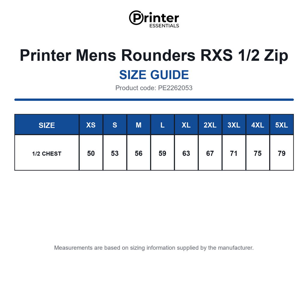 PE2262053 Printer Mens Rounders RXS 1/2 Zip size guide (PE2262053)
