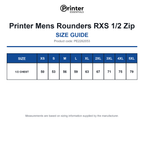 PE2262053 Printer Mens Rounders RXS 1/2 Zip size guide (PE2262053)