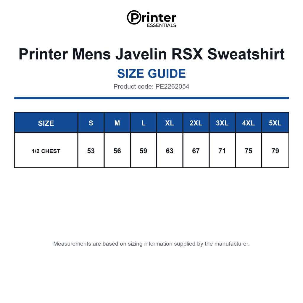 PE2262054 Printer Mens Javelin RSX Sweatshirt size guide (PE2262054)