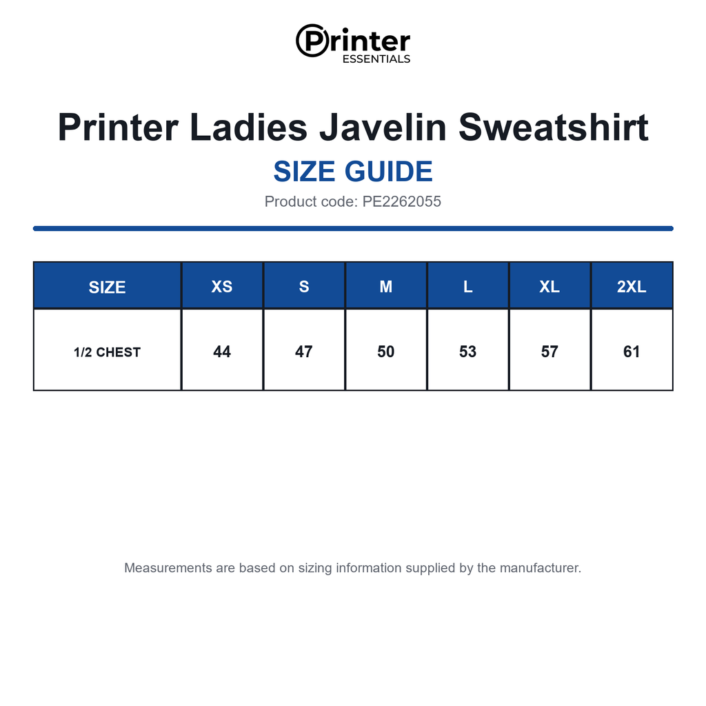 PE2262055 Printer Ladies Javelin Sweatshirt size guide (PE2262055)