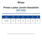 PE2262055 Printer Ladies Javelin Sweatshirt size guide (PE2262055)
