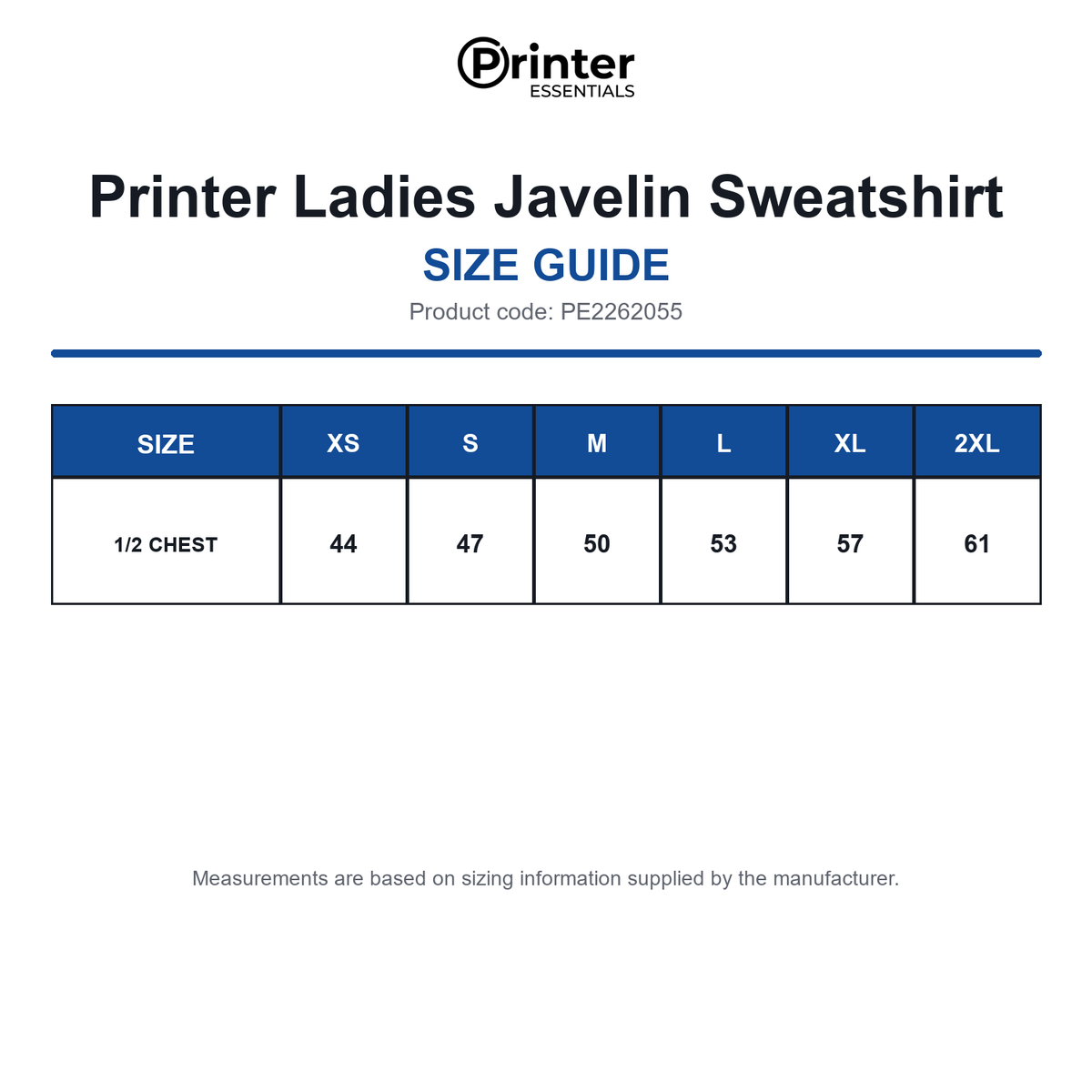 PE2262055 Printer Ladies Javelin Sweatshirt size guide (PE2262055)