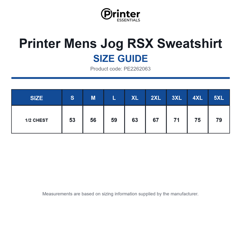 PE2262063 Printer Mens Jog RSX Sweatshirt size guide (PE2262063)