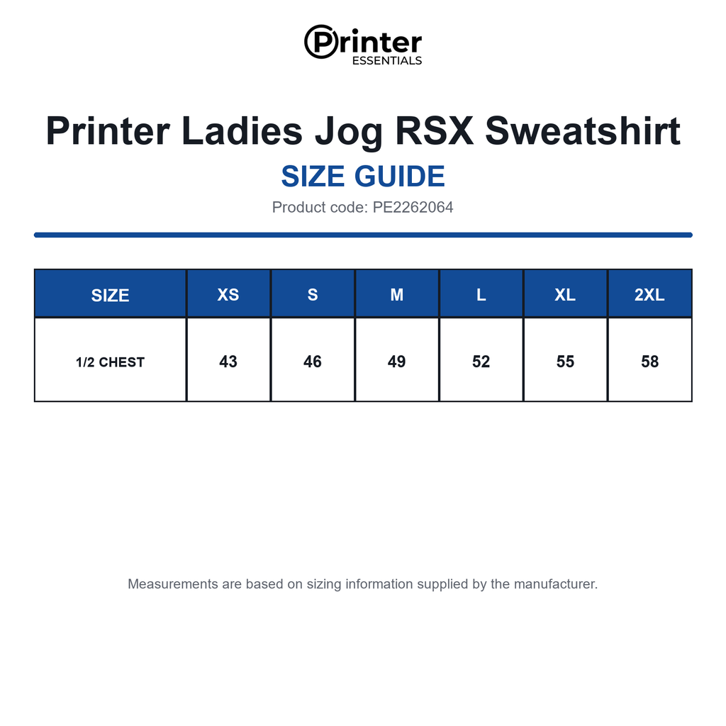 PE2262064 Printer Ladies Jog RSX Sweatshirt size guide (PE2262064)