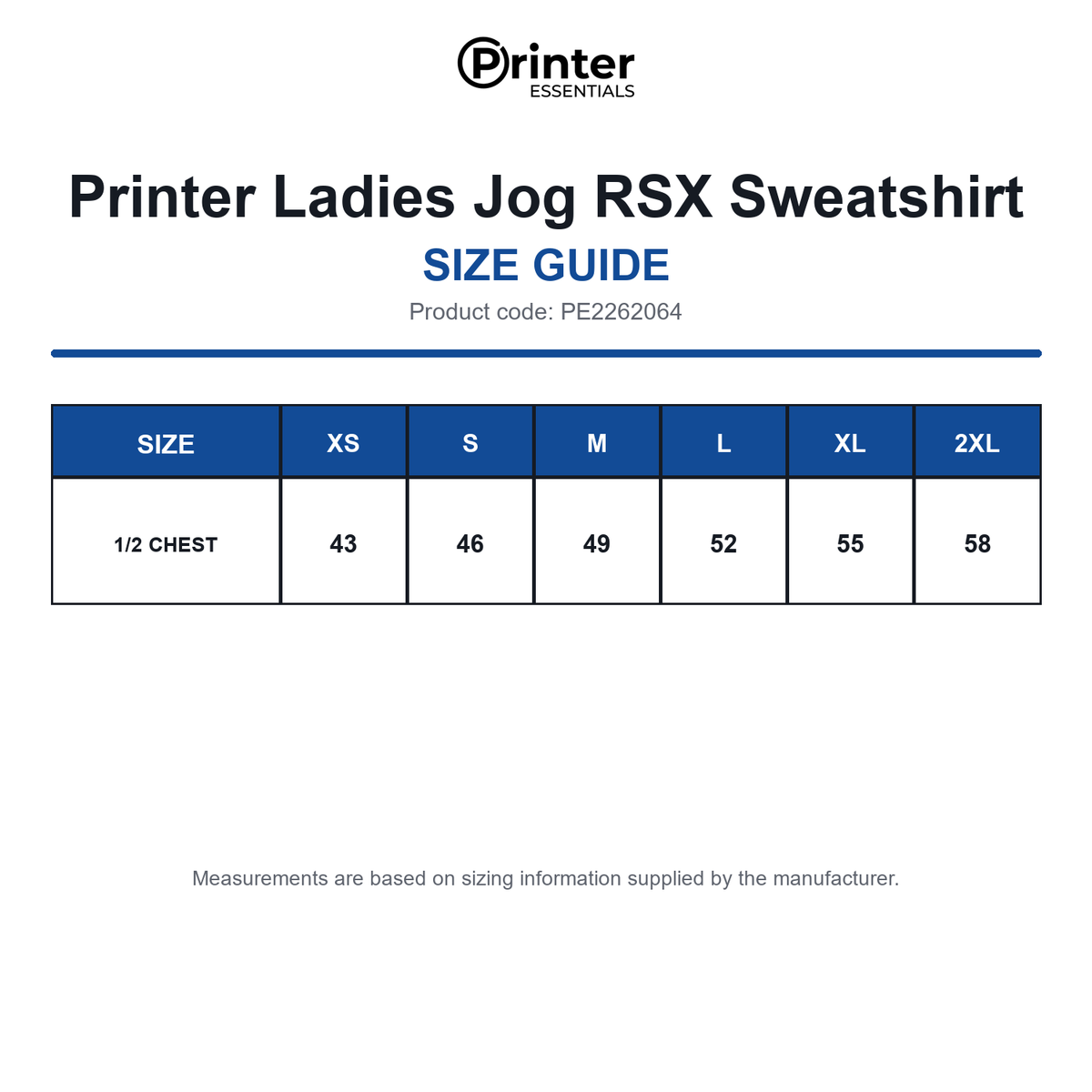PE2262064 Printer Ladies Jog RSX Sweatshirt size guide (PE2262064)