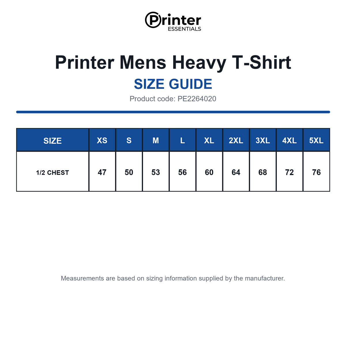 PE2264020 Printer Mens Heavy T-Shirt size guide (PE2264020)