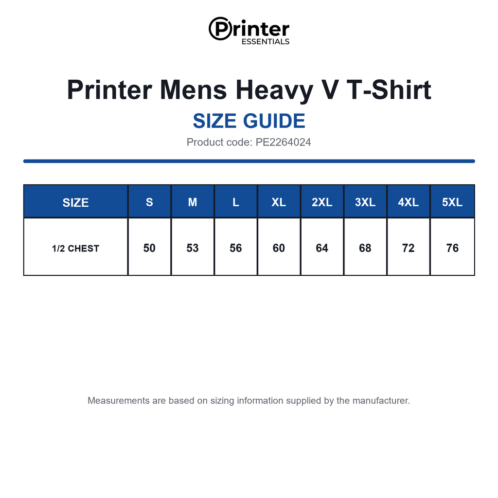 PE2264024 Printer Mens Heavy V T-Shirt size guide (PE2264024)