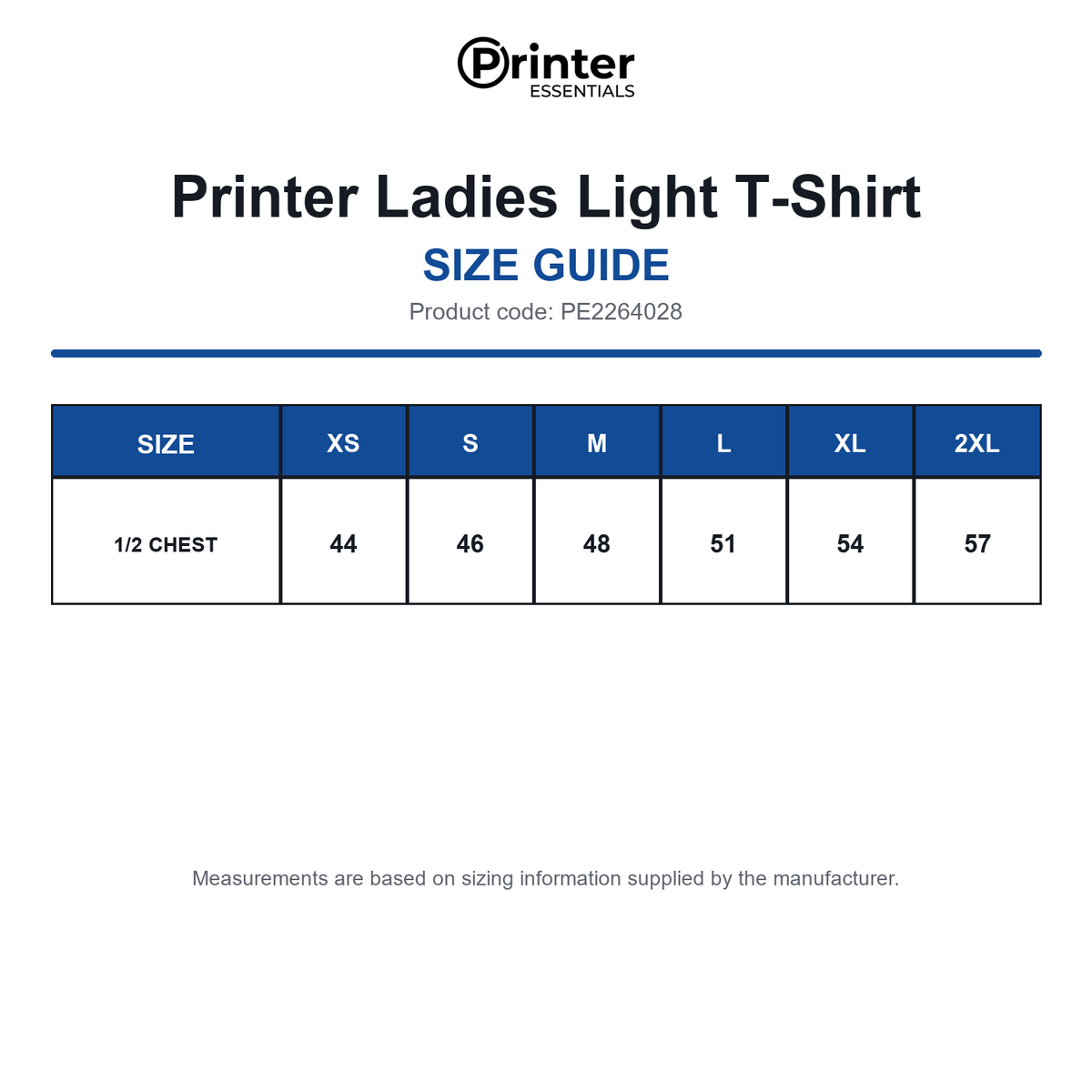 PE2264028 Printer Ladies Light T-Shirt size guide (PE2264028)