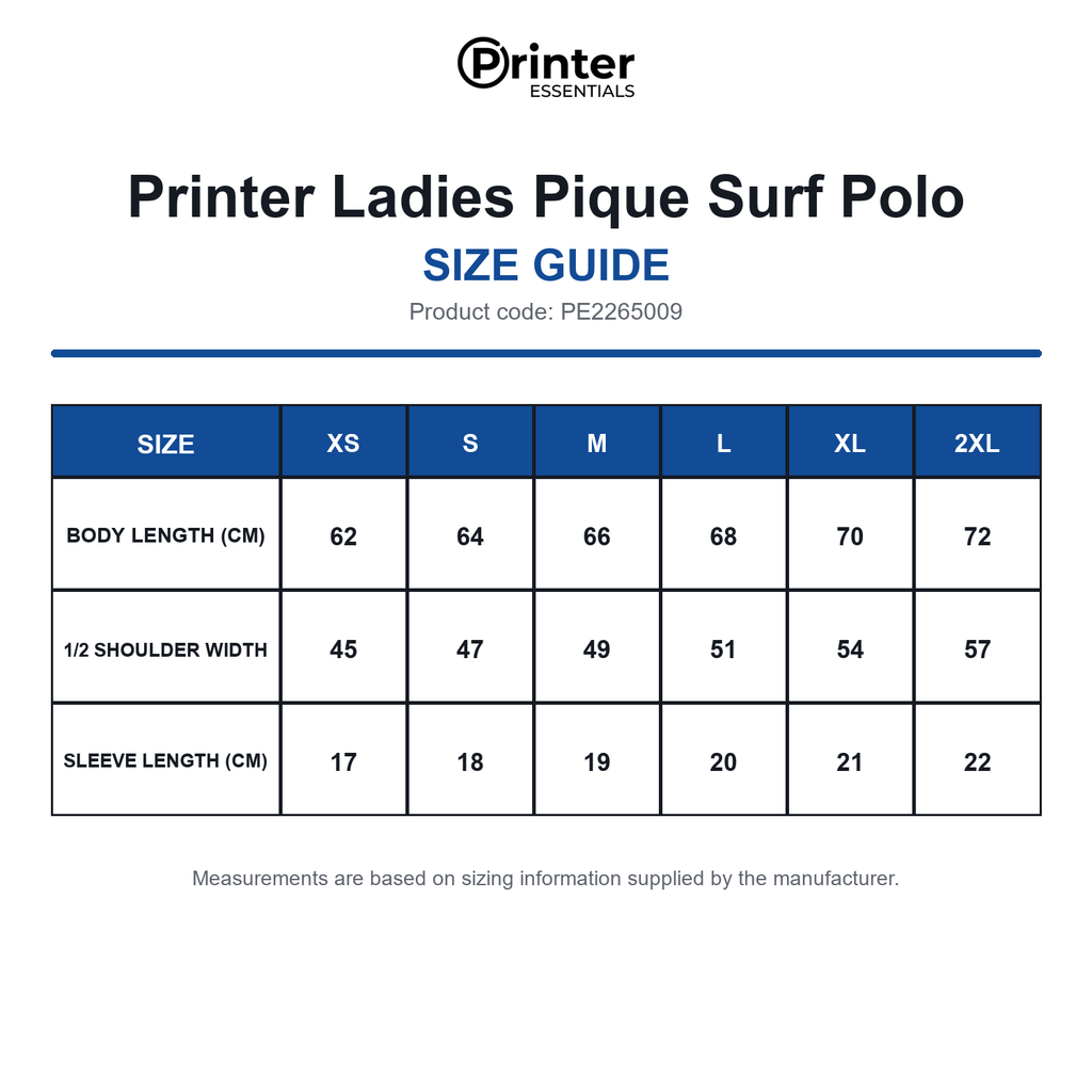 PE2265009 Printer Ladies Pique Surf Polo size guide (PE2265009)