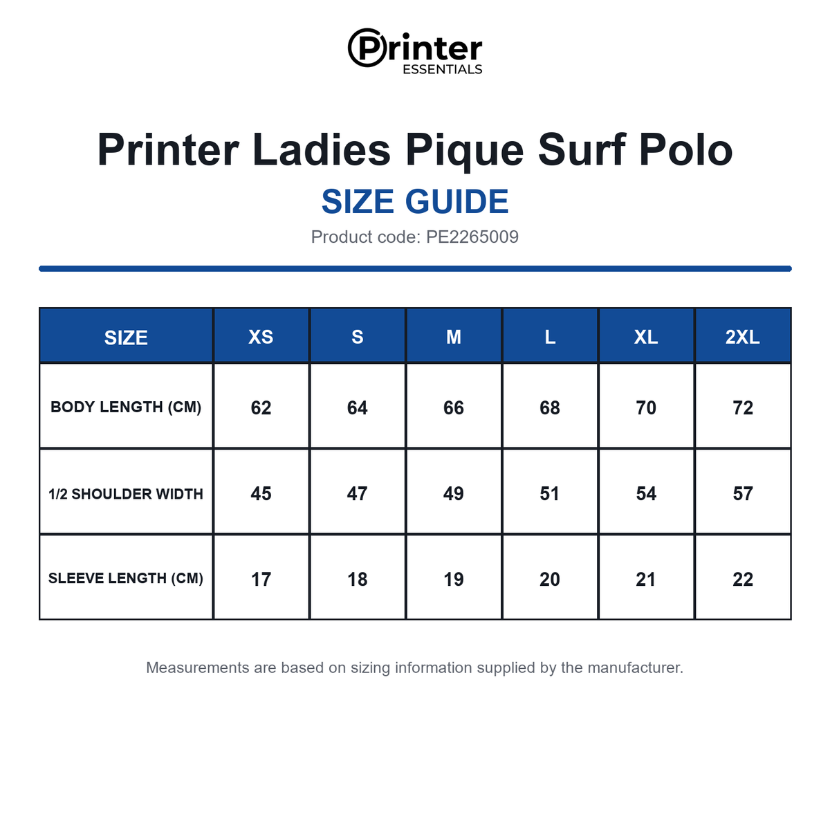 PE2265009 Printer Ladies Pique Surf Polo size guide (PE2265009)