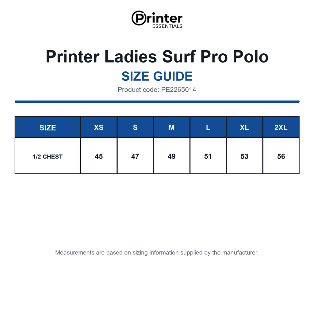 PE2265014 Printer Ladies Surf Pro Polo size guide (PE2265014)