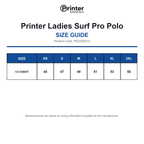 PE2265014 Printer Ladies Surf Pro Polo size guide (PE2265014)