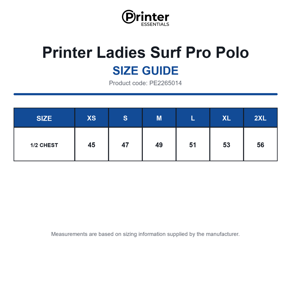 PE2265014 Printer Ladies Surf Pro Polo size guide (PE2265014)