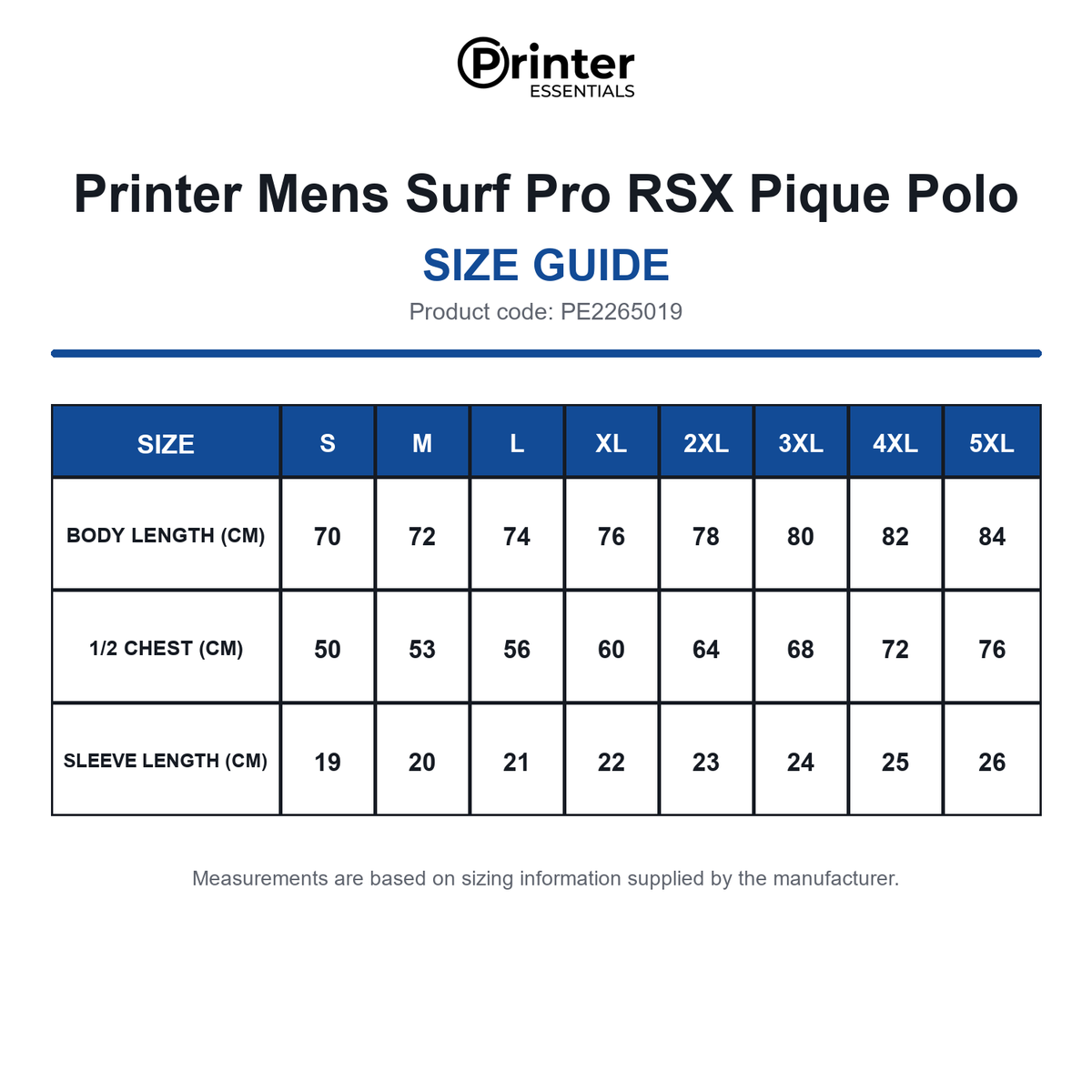 PE2265019 Printer Mens Surf Pro RSX Pique Polo size guide (PE2265019)