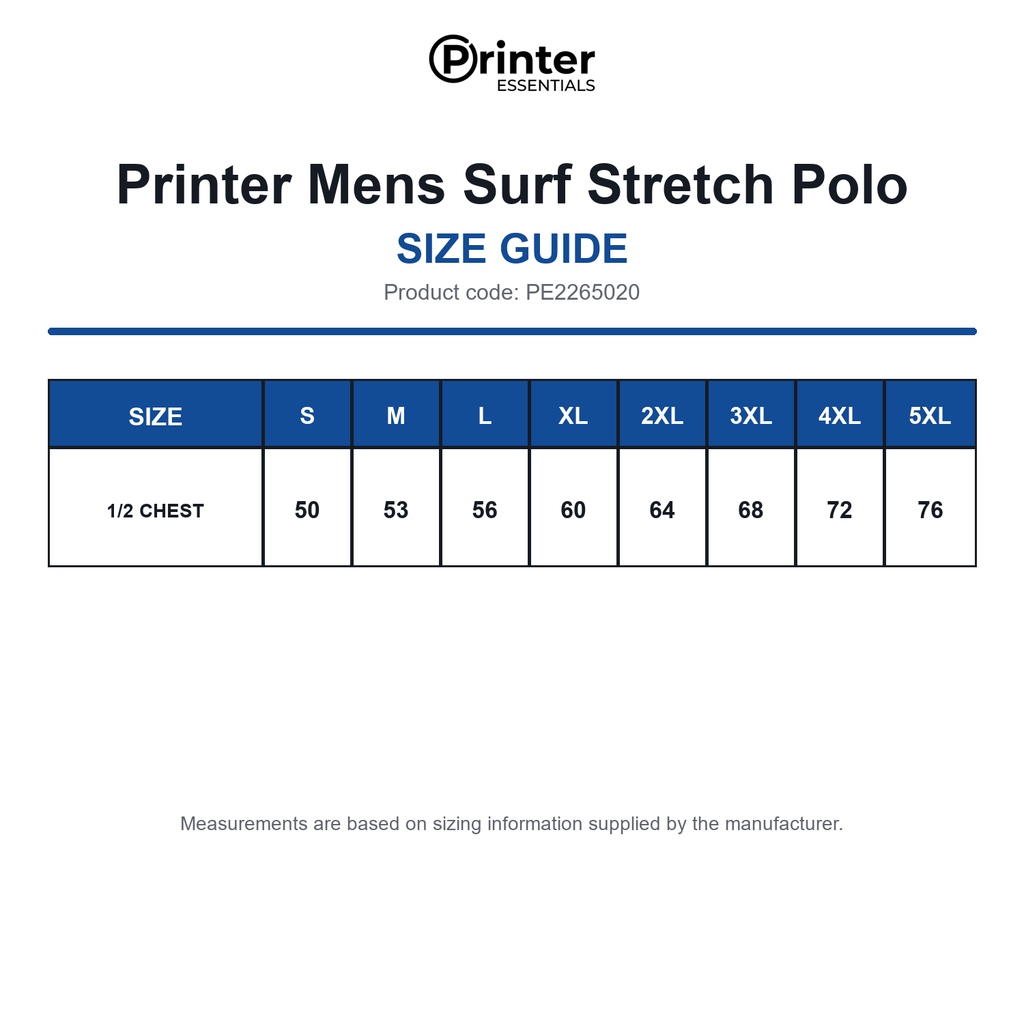 PE2265020 Printer Mens Surf Stretch Polo size guide (PE2265020)