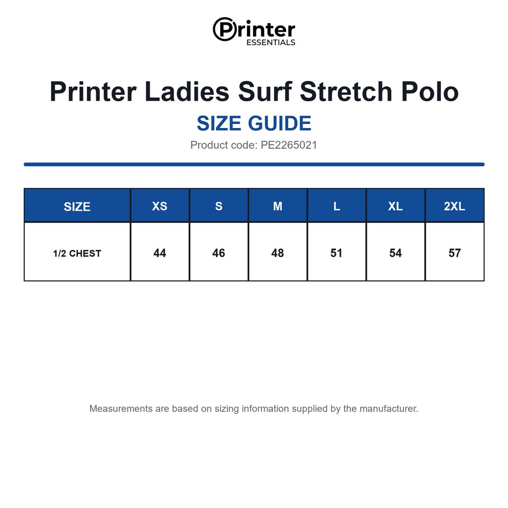 PE2265021 Printer Ladies Surf Stretch Polo size guide (PE2265021)