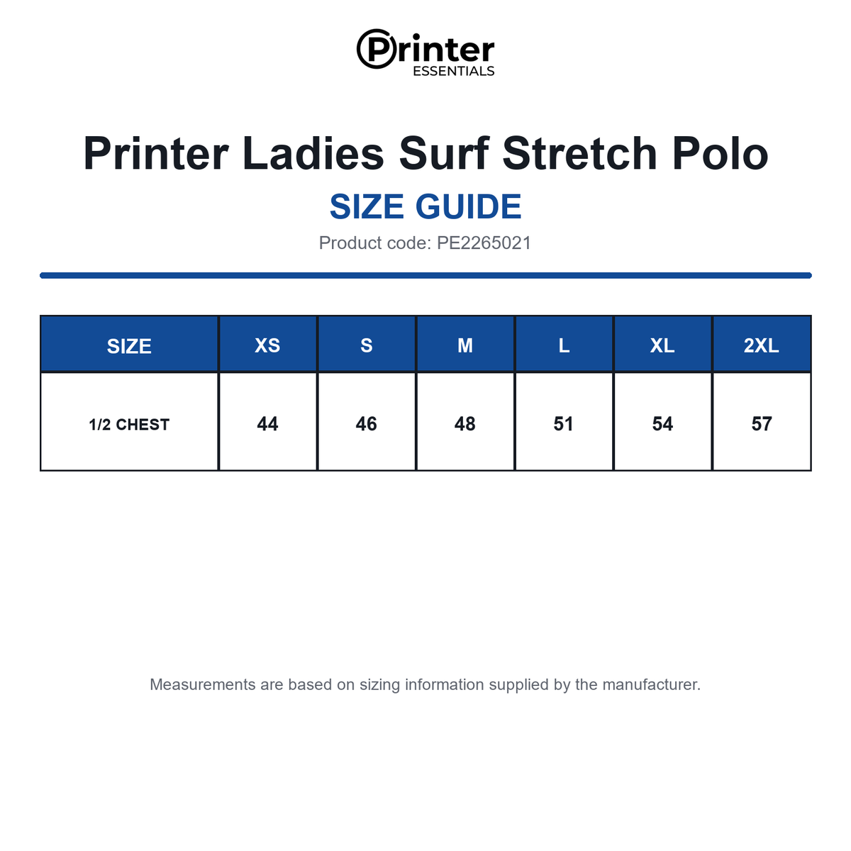 PE2265021 Printer Ladies Surf Stretch Polo size guide (PE2265021)