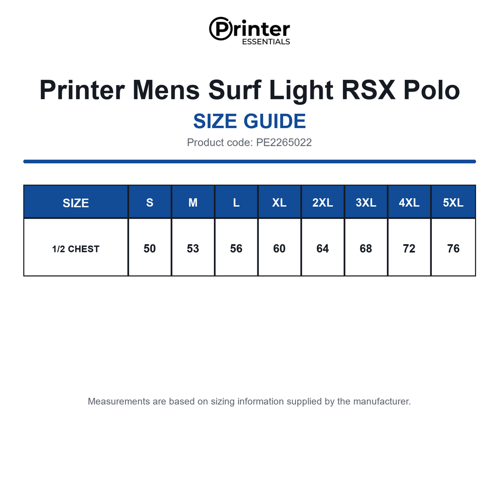 PE2265022 Printer Mens Surf Light RSX Polo size guide (PE2265022)