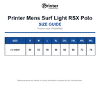 PE2265022 Printer Mens Surf Light RSX Polo size guide (PE2265022)