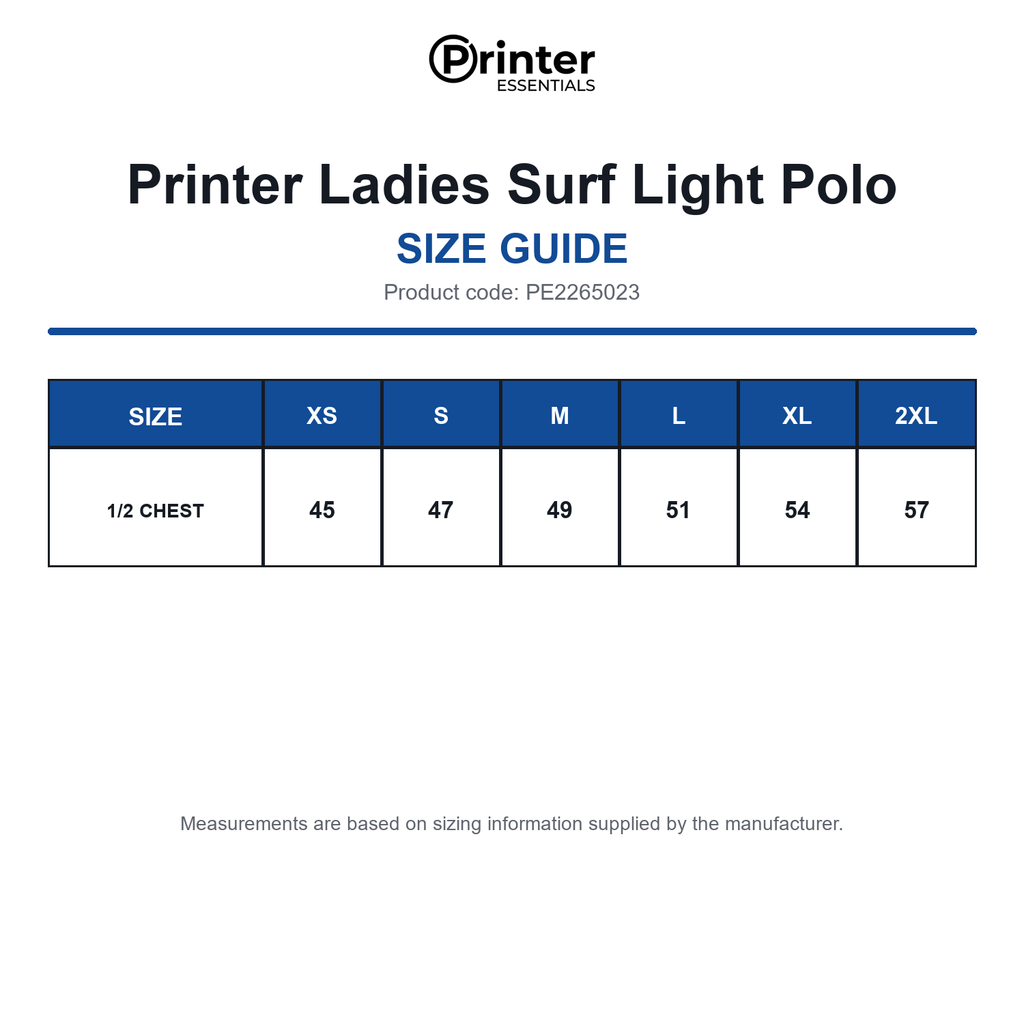 PE2265023 Printer Ladies Surf Light Polo size guide (PE2265023)